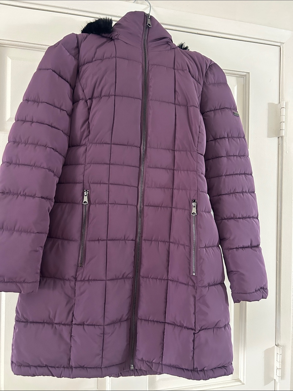 Long Quilted Purple Puffer Coat with Faux Fur Hood
